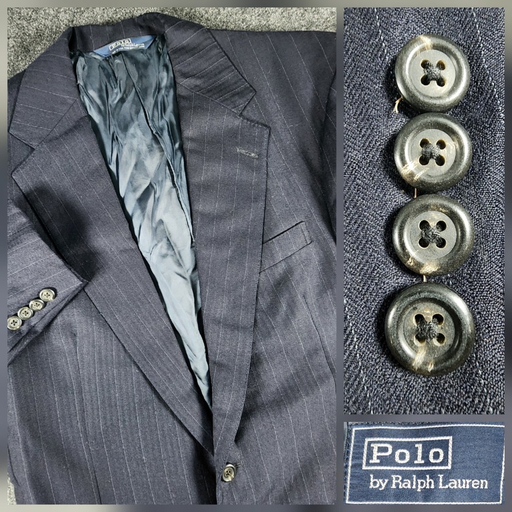 VTG Polo Ralph Lauren Blazer Mens 42R Navy Blue Pinstripe Made in USA Sport Coat